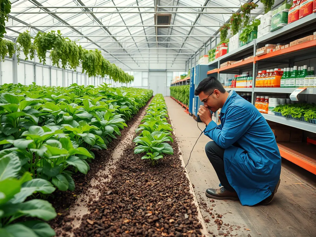 技术人员在蔬菜大棚中检查土壤状况